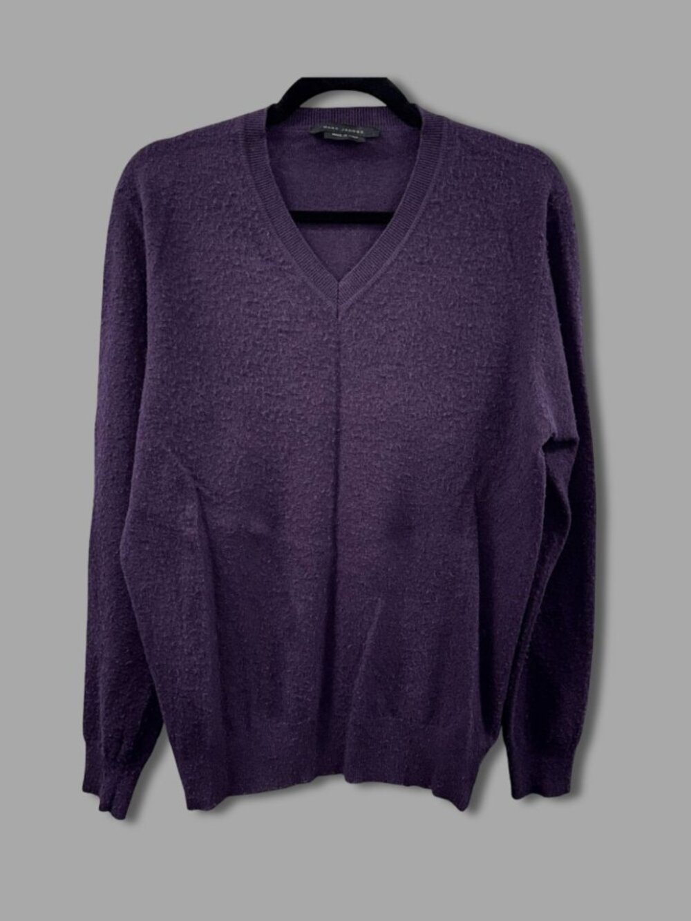 MARC JACOBS Purple Wool Cashmere V-Neck Boucle Sweater Sz L Pilling Effect